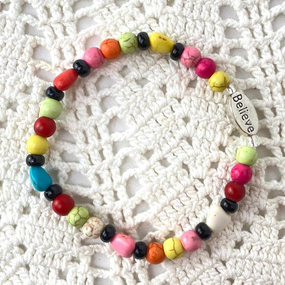 BELIEVE Beaded Howlite Charm Stretch Bracelet - Picture 2 of 2